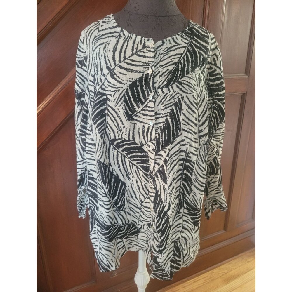 Cynthia Rowley Black White Zebra Print 100% Linen Button-Front Tunic Top Size 2X
